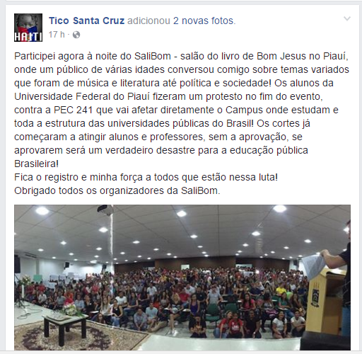 Tico Santa Cruz faz postagem em apoio a estudantes em Bom Jesus